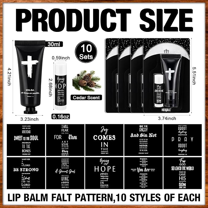 10 Sets 20 Pcs Church Gift for Men Bulk Black Hand Cream and Lip Balm Religious Bible Verse Cedar Scent Lip Moisturizer Christian Appreciation Gift for Coworker Church Party Favor