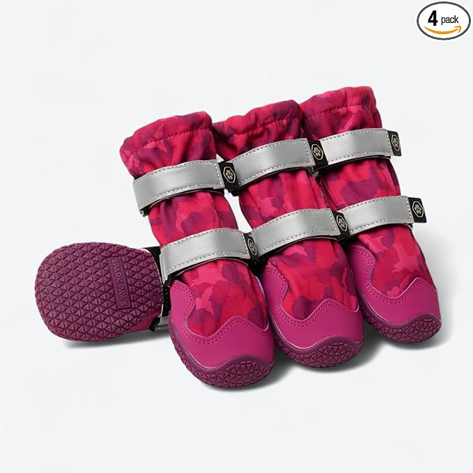 Spark Paws Dog Rainboots, Waterproof Dog Shoes for Medium to Large Dogs, Non Slip, Dog Booties and Paw Protectors - 4PCS Doggie Hiking Boots with Reflective Straps - Pink Camo, Size 5