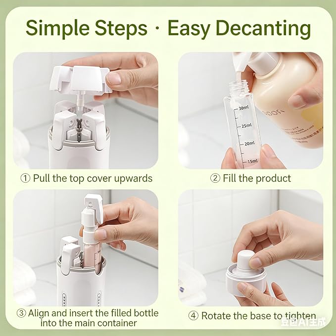 Travel Dispenser, 4 in 1, 30ML Leak Proof Bottles for Toiletries, Portable Containers for Shampoo, Lotion, Conditioner, Cream, White and Green, 4 Pack