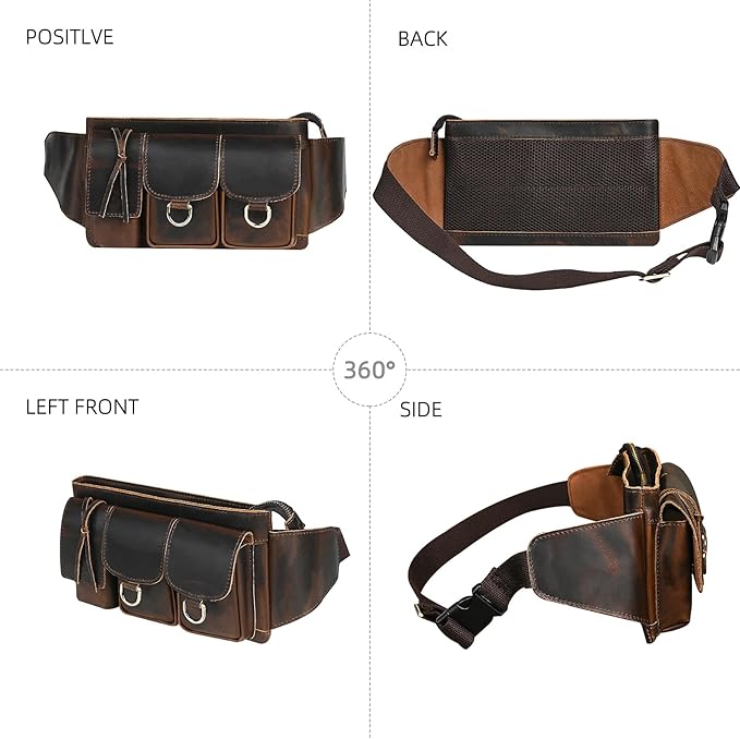 Water Resistant Canvas + Leather Hiking Riding Travel Fanny Waist Pack Small Phone Pouch For Men Women FB811-29 (100% Leather-The 341 Coffee)