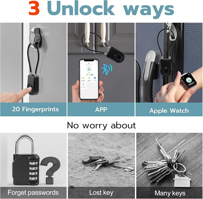 Fingerprint Cable Lock, 3.6'' Long Shackle Fingerprint Lock with Bluetooth APP, Smart Keyless Biometric Waterproof Outdoor Smart Padlock for Gate Fence Locker Cabinet Gym Backyard
