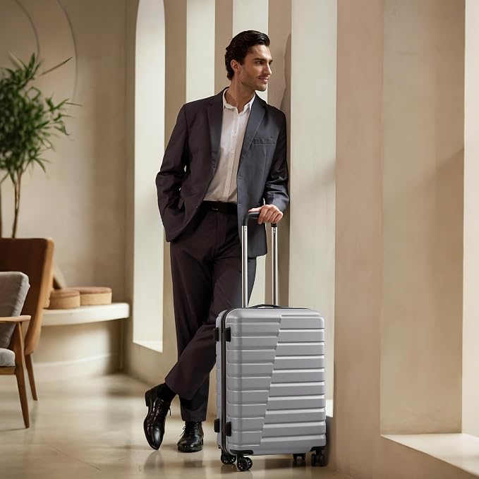 Coolife Medium Checked Luggage with Spinner Wheels, Hardside Suitcase TSA Lock Lightweight Travel Luggage 24-inch,Silver