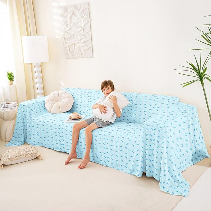 Blue Bow Non Slip Covers Sofa Covers for 3 Cushion Buffalo Plaid Decor Bowknot Dog Pet Couch Protector Kawaii Bow Tie Washable Anti-Slip Couch Cover Geometric Lattice Abstract Grid Sofa Cover,91"x118"