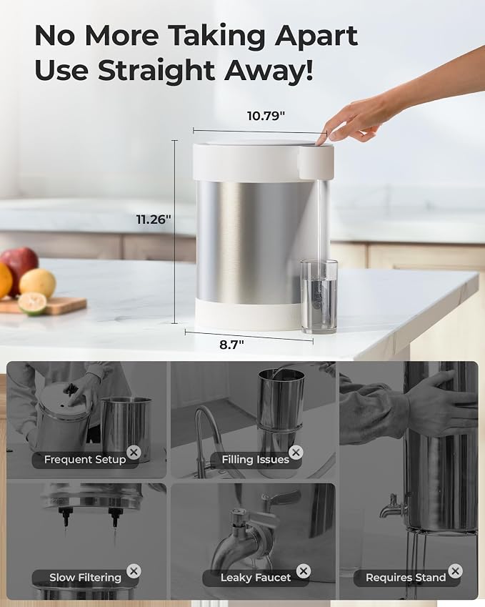 Waterdrop ED09W Rechargeable Non-Gravity Water Filter System with LED Function, Reduces 70+ Contaminants, Lead, Chlorine, 5-Stage Stainless Steel Filtration System, 22-Cup