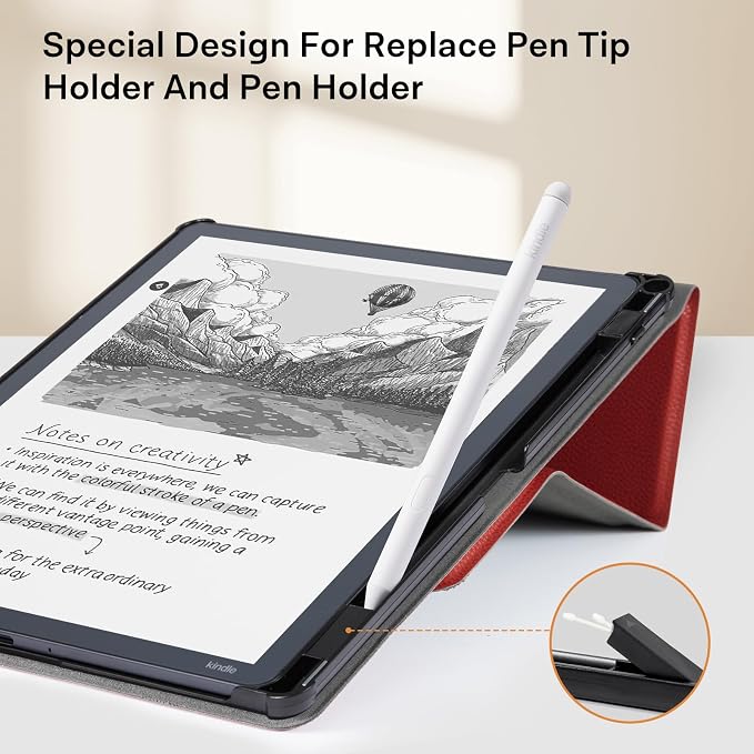 CoBak Case for 11" Kindle Scribe 3rd Generation 2025, Kindle Scribe Colorsoft with Two Viewing Angles - All New PU Leather Cover with Auto Sleep Wake, Pen Holder. Lychee Red
