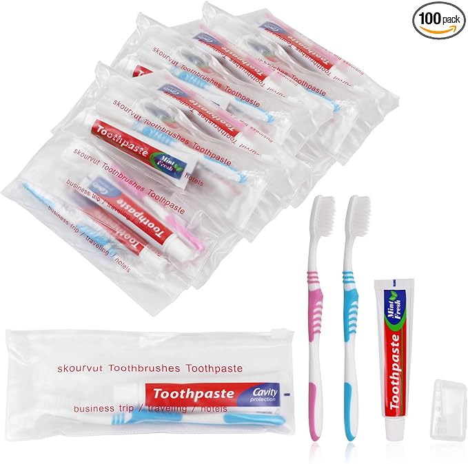 Disposable Toothbrushes with 45 Grams Toothpaste Individually Wrapped,Travel Kit White Plastic Zip Bag,Toothbrush Head Cover, Bulk Toothbrush for Homeless,Travel,Shelter,Air Bnb,Hotel,Guest (100)