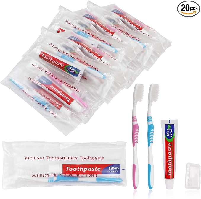 Disposable Toothbrushes with 45 Grams Toothpaste Individually Wrapped, Travel Kit White Plastic Zip Bag,Toothbrush Head Cover, Bulk Toothbrush for Homeless,Travel,Shelter,Air Bnb,Hotel,Guest (20)