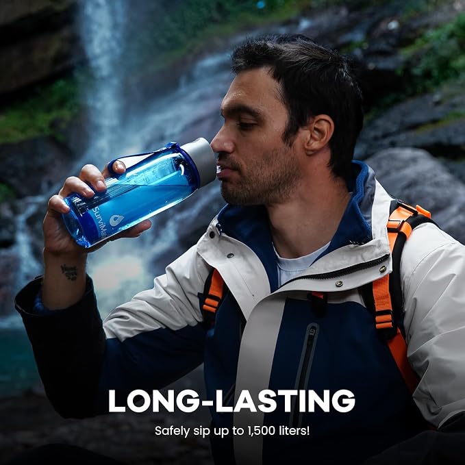 Survimate 5-Stage 0.01μm Ultra-Filtration Filtered Water Bottle, BPA-Free Material, NSF/ANSI 42 Certified, Portable Water Filter Bottle for Survival, Camping, Hiking, and Emergency Use