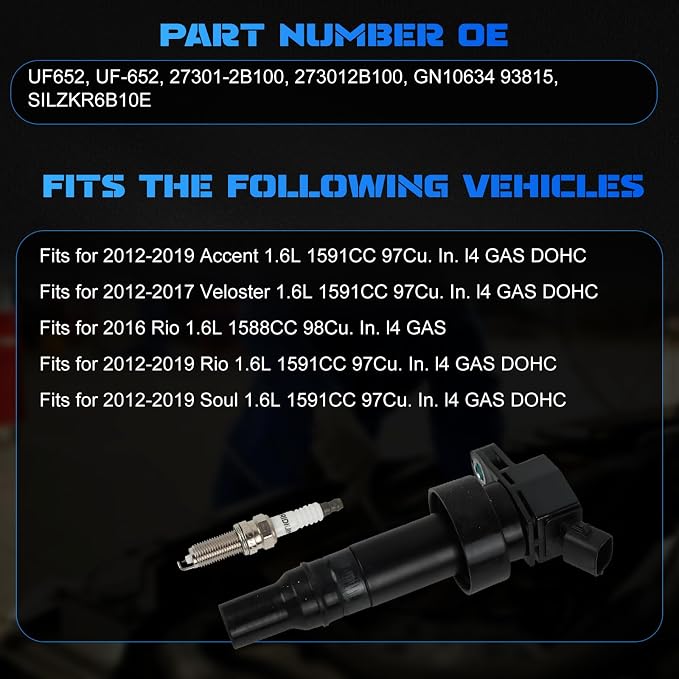 4PCS UF652 Ignition Coils & 4PCS 93815 Iridium Spark Plugs Coils Pack Fits for 2012-2019 Accent Rio Soul, 2012-2017 Veloster 1.6L, Aftermarket Parts