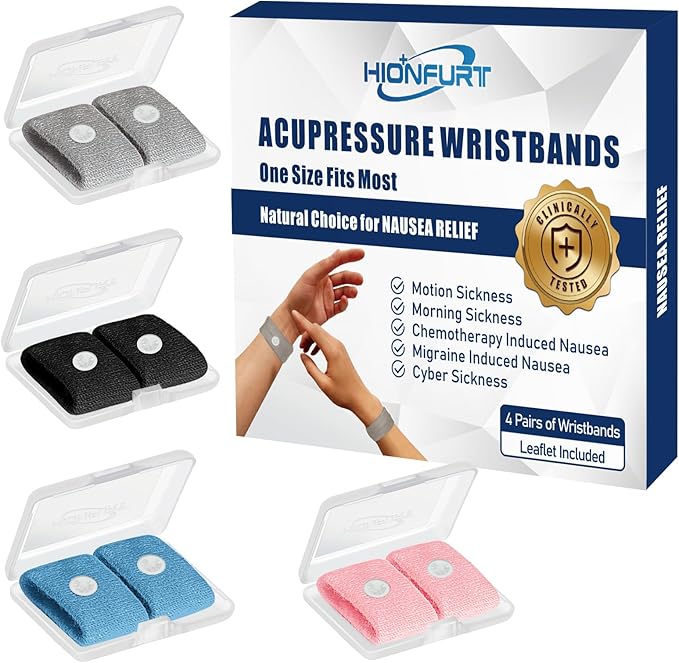Hionfurt Motion Sickness Bands Anti Nausea Wristband for Adult and Kids Morning Sickness Relief for Pregnant Women Acupressure Nausea Relief for Car, Sea, Air Sickness -4 Pairs Gray, Black, Blue, Pink