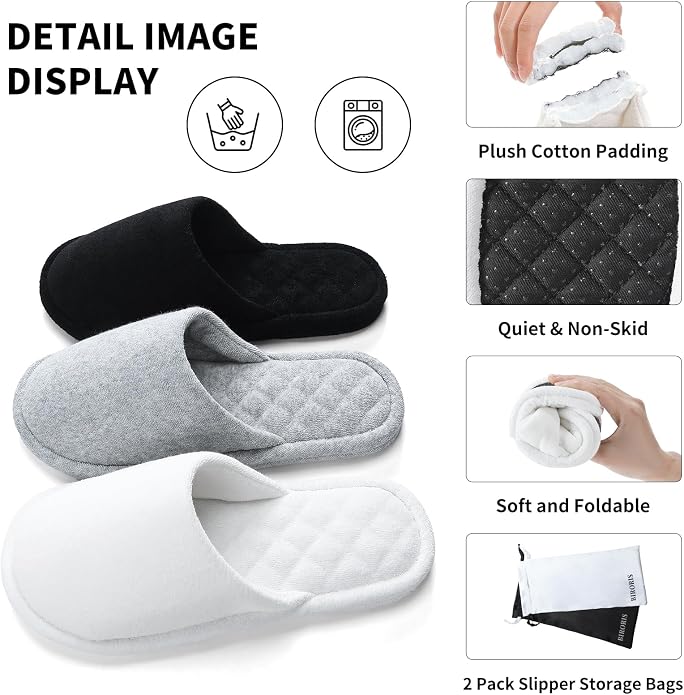 3 Pairs Closed-Toe Cotton Terry House Slippers, Comfortable Washable Indoor Slippers for Women, Portable Foldable for Guest, Travel, Hotel and Spa