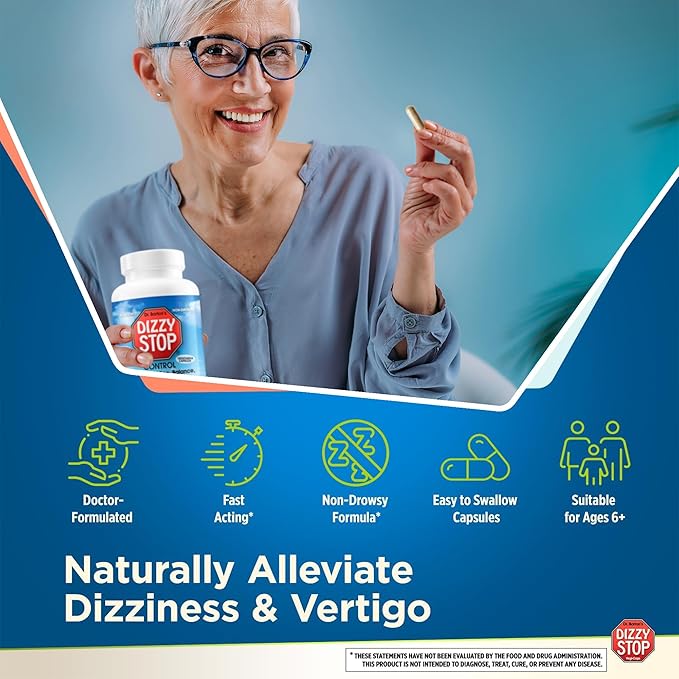 Dizzy Stop Dr. Barton's Vertigo Relief Products with Ginger and Grape Seed - Non-Drowsy Motion Sickness Pills for Dizziness Relief and Inner Ear Balance - (80 Count – Pack of 3)