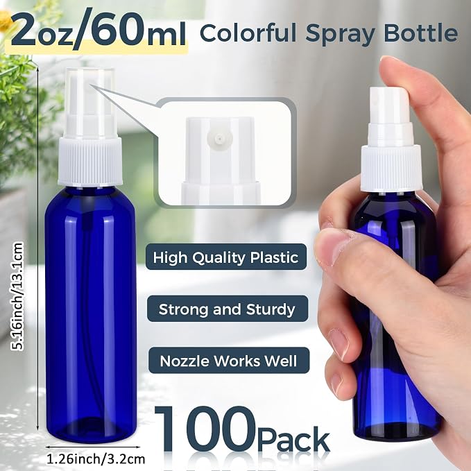 LemonRoad 100 Pack 2 oz Mini Spray Bottles Bulk Small Plastic Fine Mist Spray Bottles Leak Proof Mini Empty Refillable Travel Size Amber Blue Black Fine Mist Sprayer Bottle for Hair, Cleaning