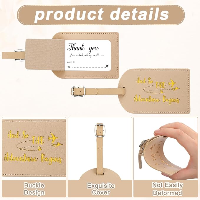 Sweetude 48 Sets Bulk Luggage Tags Wedding Favors and So The Adventure Begins Leather Luggage Tags for Suitcases with Name Card for Travel Themed Bridal Shower Graduation Party Favor(Apricot)