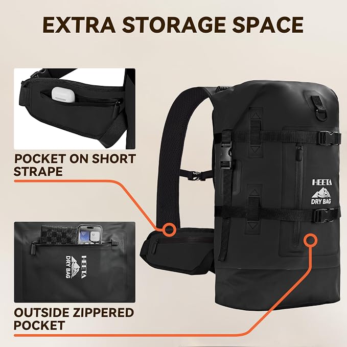 HEETA Dry Bags Waterproof Backpack 40L for Men & Women, Roll Top Heavy Duty Cushioned Hiking Backpack for Kayaking Boating Paddle Boarding Fishing Travel Camping Beach Vacation Cruise Ship Essentials