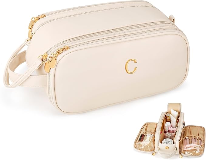 Gifts for Women Teen Girls Large Capacity Initial Travel Makeup Bag, 3-Compartment Cosmetic Organizer with Clear Brush Holders, Large Opening Waterproof Toiletry Bag,Beige,C