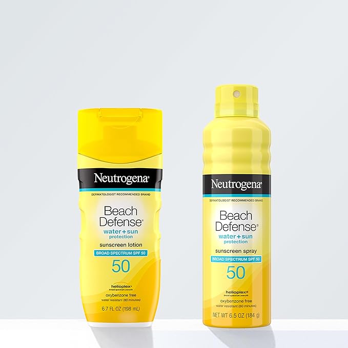 Neutrogena Sunscreen Lotion Beach Defense SPF 50, Face and Body Sunscreen, Hawaii Reef Act 104 Compliant, Octinoxate & Oxybenzone Free, Oil Free, Fast Absorbing Sun Care, 6.7 fl oz (Pack of 2)