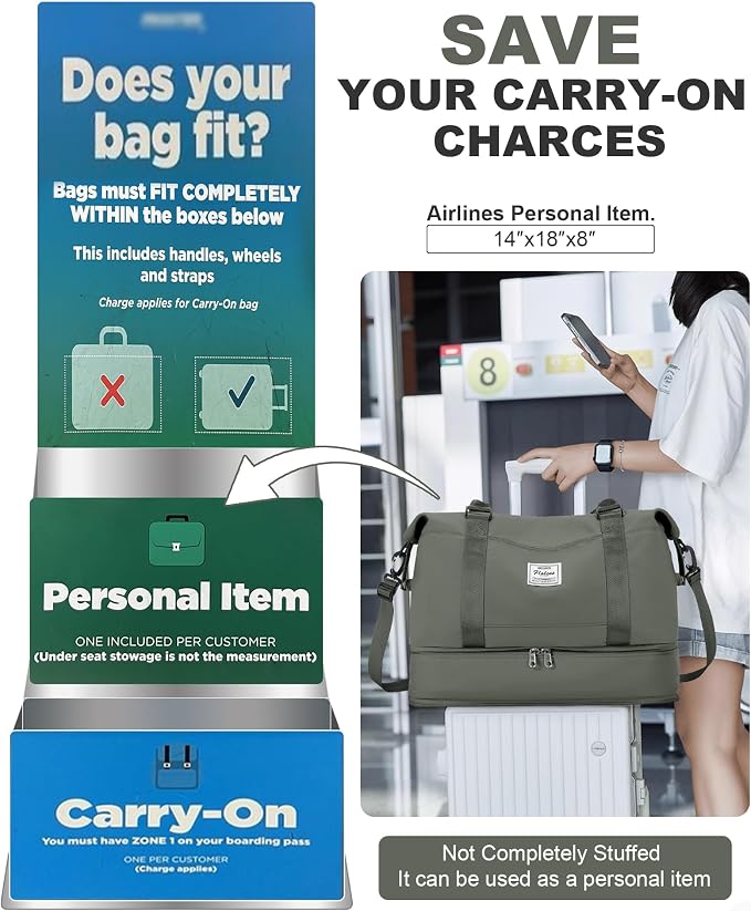 Spirit Travel Duffel - 18x14x8 Inches Weekender Overnight Bag with Shoes Compartment, Trolley Sleeve, Carry On for Airplanes, Sport Tote Gym Bag - Green