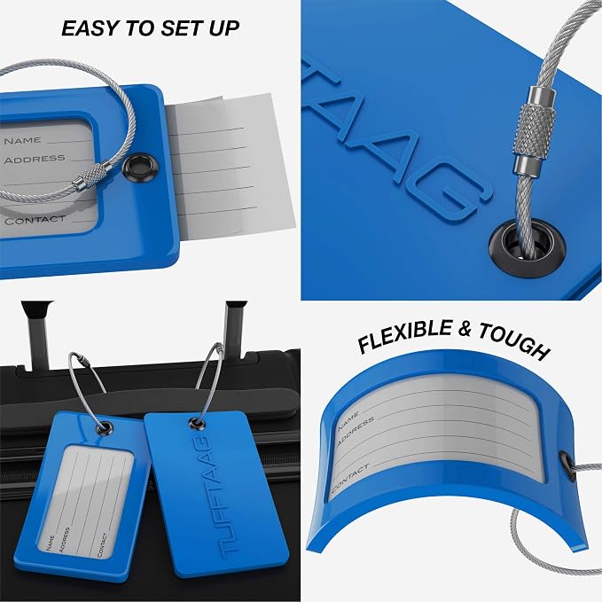 Luggage Tags Business Card Holder by TUFFTAAG - Flexible PVC Travel ID Bag Tag, Blue, 6 Pack