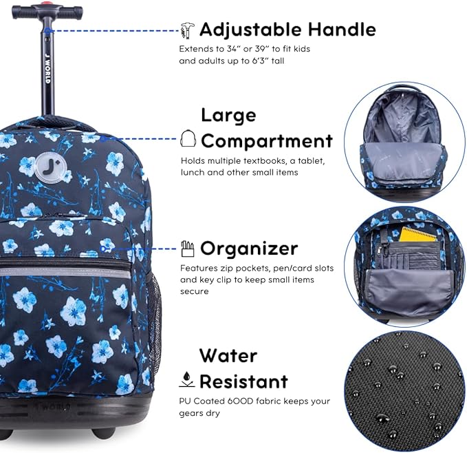J World Sunrise Kids Rolling Backpack for Girls Boys. Roller Bookbag With Wheels For School, Night Bloom