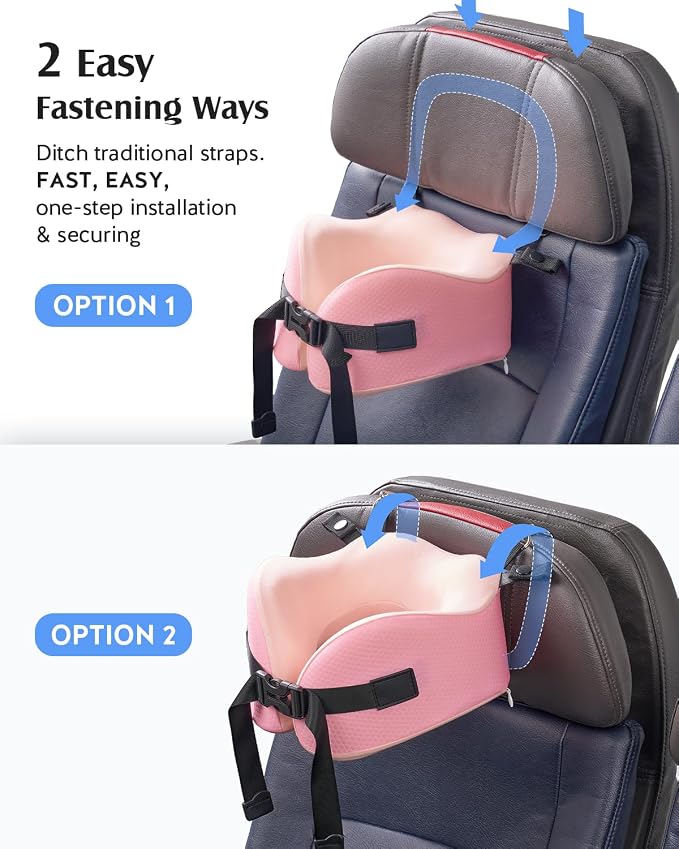 YFONG Travel Pillow for Long Flights, Patented 360° Ergonomic Sleeper Hold Head Support System with Memory Foam Neck Pillow & 3D Sleep Mask, Prevent Head Bobbing for Airplane & Road Trip, Pink