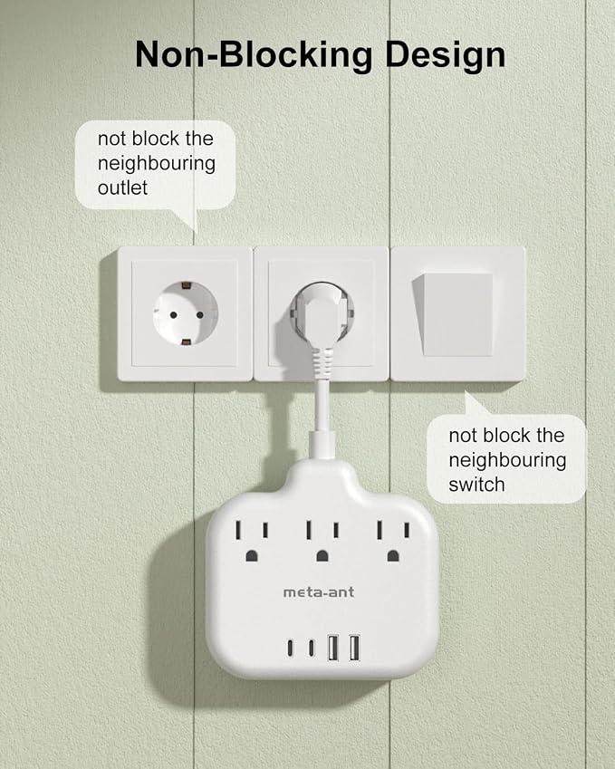 European Travel Plug Adapter 3 inch, International Plug Adapter, US to Europe Plug Adapter with 3 Outlets 4 USB Ports(2 USB C), Type E F Power Adapter to EU Germany Spain France Portugal Iceland