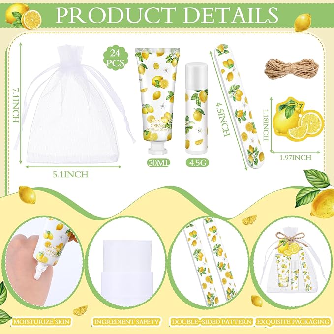 Leelosp 24 Sets Lemon Hand Cream and Lip Balm Bridal Baby Shower Party Favors Bulk Summer Lemon Travel Size Hand Lotion Lip Balm Nail File Gifts Set Bridal Shower Wedding Party Supplies for Guests