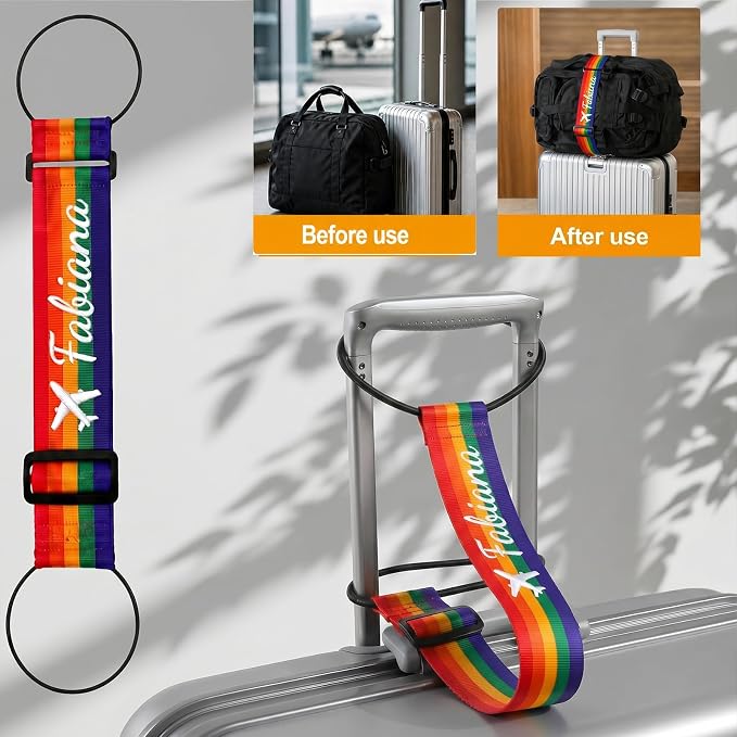 Personalized Luggage Connector Strap with Embroidered Name,4 Pcs Adjustable Elastic Add A Bag Belt for Suitcases and Carry Ons, Easy Travel Baggage Identifier