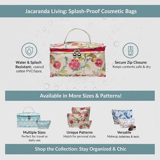 Jacaranda Living Vanity Cosmetic Bag – Structured Makeup Case with Handle, Water-Resistant PVC Lined Cotton, Travel Toiletry Organizer, Splash-Proof Vanity Bag – Pomegranate