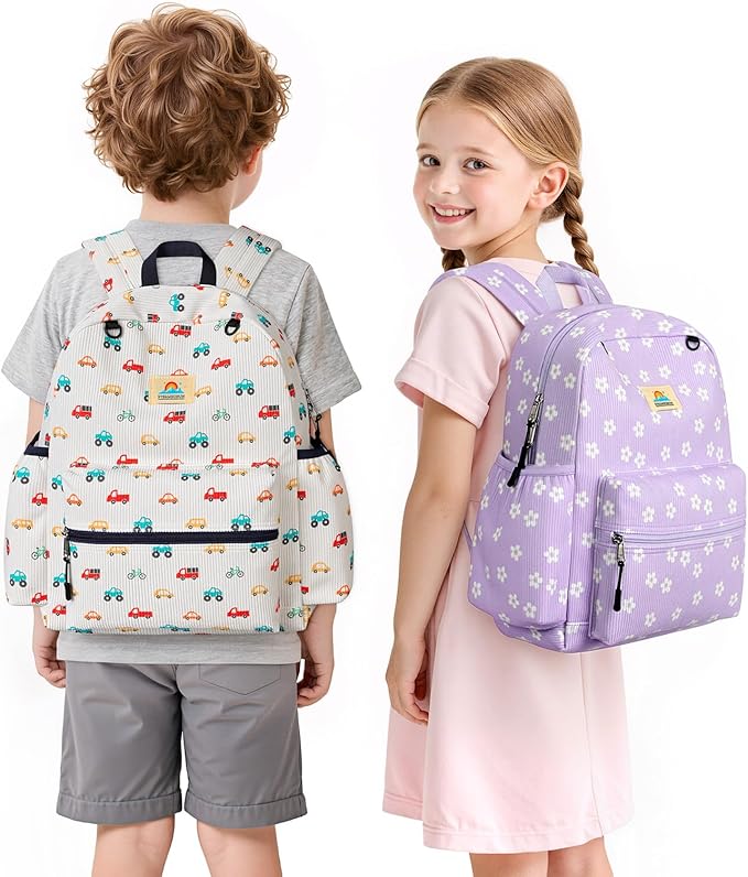 STEAMEDBUN Corduroy Kids Backpack for Boys and Girls 5-8: Boys Backpack for Elementary Kindergarten - 15 inch Cute Backpacks for Kids - Car