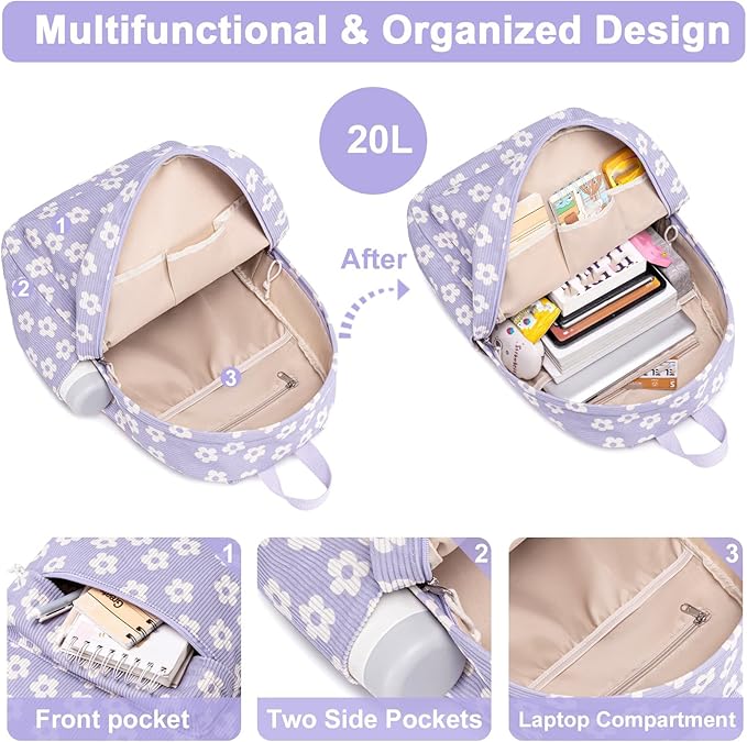 Bluboon School Backpack for Teen Girls Bookbags Elementary High School Corduroy Laptop Bags Women Travel Daypacks