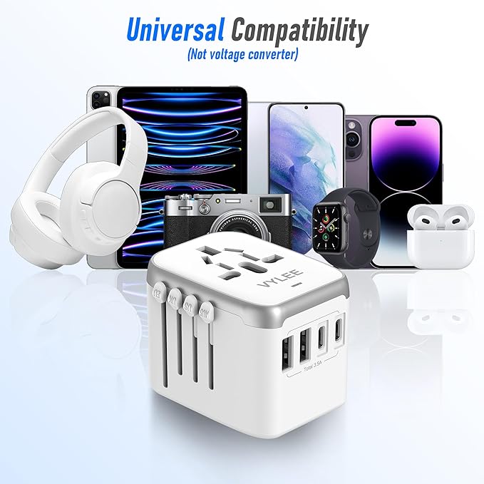 VYLEE Universal International Power Travel Plug Adapter, 5 in 1 European Travel Plug Adapter W/ 3.5A 2xUSB-A and 2xUSB C Wall Charger and Worldwide AC Outlet