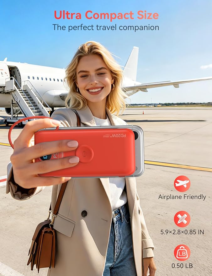 Portable Charger, 10000mAh 20W Fast Charging Power Bank with Built in Cables & AC Wall Plug & LED Display, Travel Essentials Battery Pack Powerbank for iPhone, iPad, iWatch, Samsung, Red