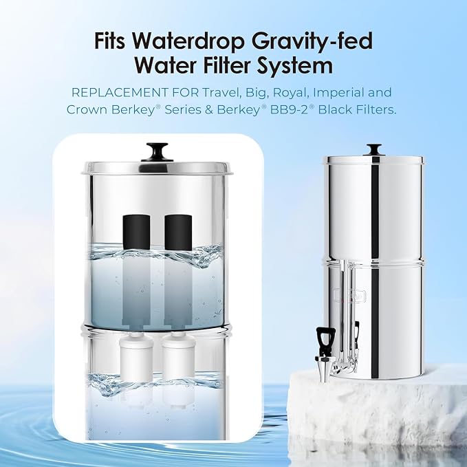 Waterdrop Gravity Water Filter, Replacement for Berkey®, Purewell®, ProOne®, BB9-2® Black Filters & PF-2® Fluoride Filters, Waterdrop Gravity Water Filter System, NSF/ANSI 372 Standard, Combo Pack