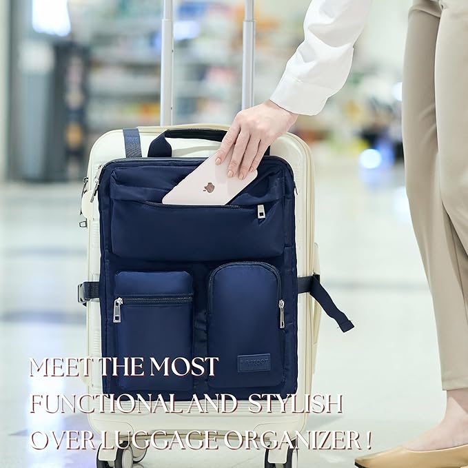BAREFOOT CARIBOU Over Luggage Organizer for Carry On Bag or Suitcase with Storage Pockets, 16” Laptop Sleeve with Handle, Travel Accessories Bag Slide On Luggage Harness, Adjustable Straps (Navy Blue)
