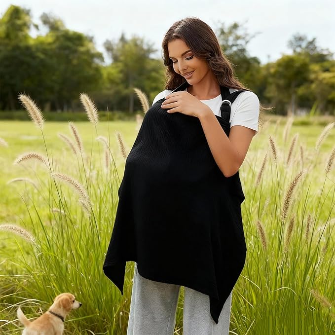 Muslin Nursing Cover for Baby Breastfeeding, Breathable 100% Cotton Breastfeeding Cover with Rigid Hoop for Mother Nursing Apron (Black)