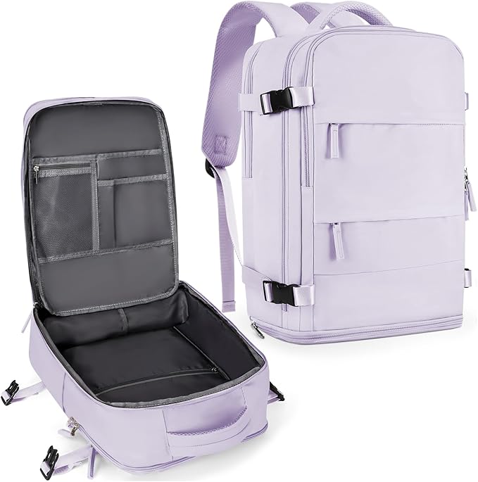 coowoz Large Travel Backpack For Women Men,Carry On Flight Approved,Hiking Waterproof Outdoor Sports Rucksack Casual Daypack Fit 15.6 Inch Laptop Shoes Compartment (Purple)