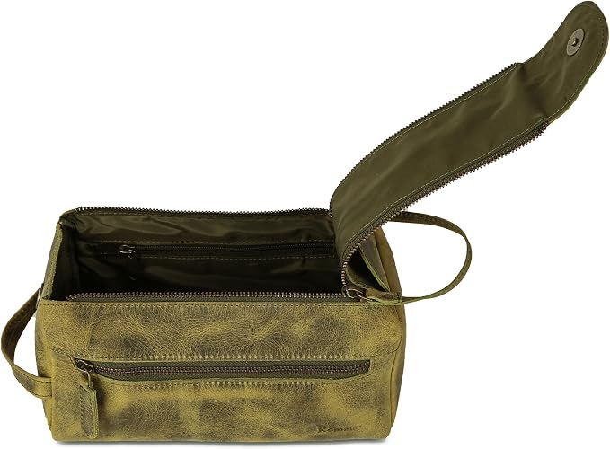 KomalC Premium Buffalo Leather Toiletry Bag for Men & Women With Water resistant Lining, Grooming Travel Pouch, Unisex Wash Bag for Toiletries, Gifts for Men and Women