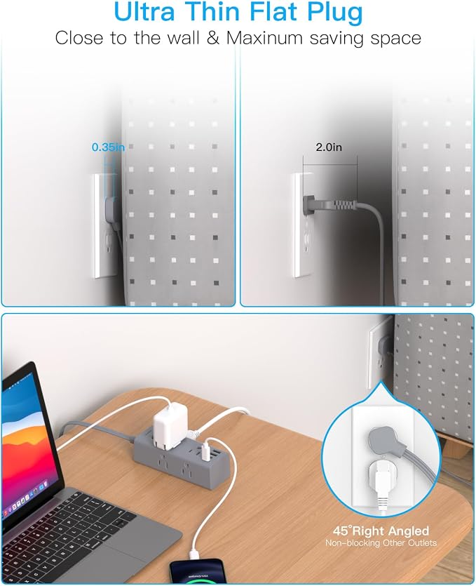 5Ft Extension Cord with Multiple Outlets, Flat Plug Power Strip Surge Protector with 5 Ft Long Cord, 6 Outlet 4 USB Ports (2 USB C), Multi Outlet Wall Plug for College, Dorm Room Essentials(Grey)