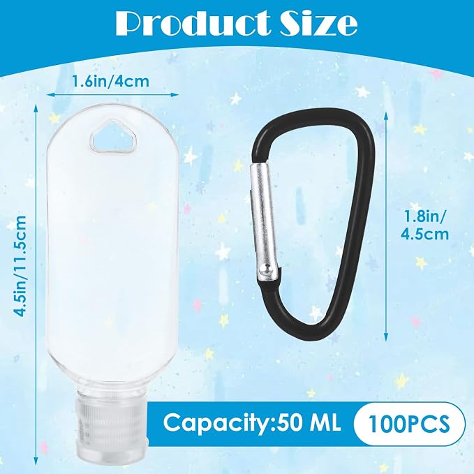 100 Pack 50ml Empty Travel Squeeze Bottles with Keychain Clips, Leak Proof Refillable PETG Bottles for Hand Sanitizer, Lotion, Toiletries, School, Office, Events and Party Favors