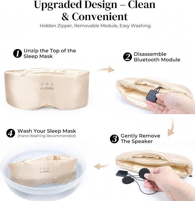 LC-dolida 3D Silk Bluetooth Sleep Mask, Mulberry Silk Sleep Mask with Bluetooth Headphones, Bluetooth Eye Sleep Mask for Side Sleepers, Total Blackout Bluetooth Eye Mask for Women Men, Champagne