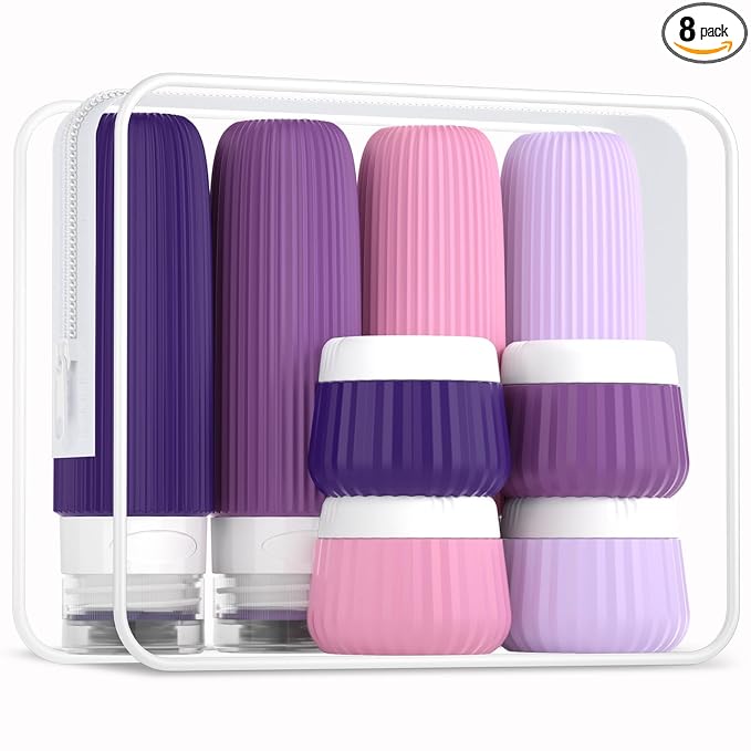 Mrsdry Travel Bottles for Toiletries - 8 Pack, TSA Approved 3oz Travel Containers, Leak Proof Silicone Squeezable Cream Jars with Clear Bag