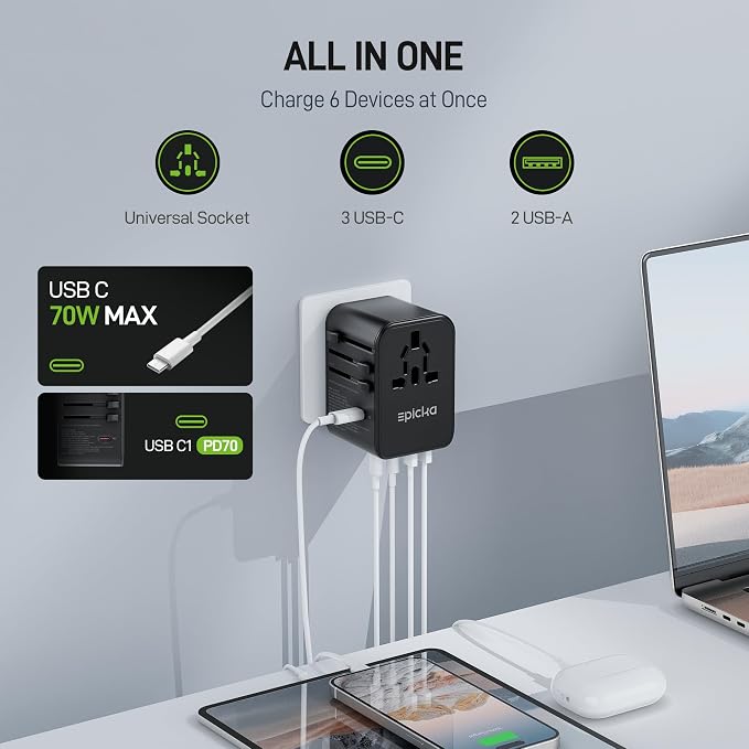 EPICKA Universal Travel Adapter, GaN International Plug Adapter with 3 USB-C 70W PD Fast Charging & 2 USB-A Adaptor All-in-one Wall Charger for USA EU UK AUS (TA-105 Pro, Black)