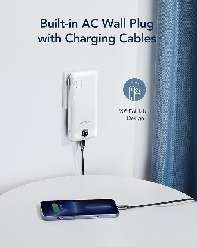 VEGER Portable Charger with Built-in AC Plug and Cables, All in One 10000mAh Ultra Slim Power Bank Travel Essentials, Fast Charging Battery Pack Compatible with iPhone, Samsung, Android, White