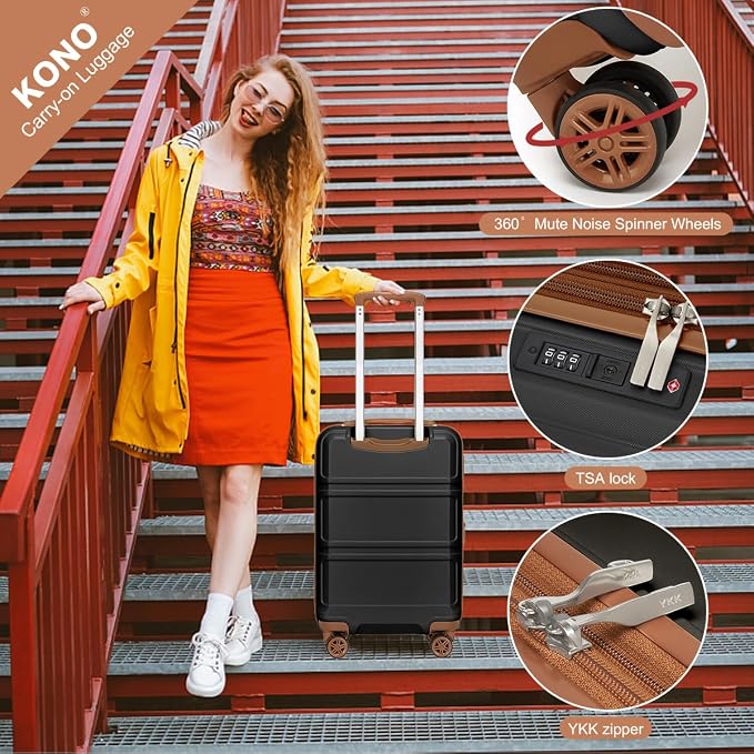 Kono Luggage Set 4 Piece Expandable Carry On Hardside Luggage with TSA Lock Spinner Wheels Lightweight PC+ABS Carry On Suitcase Apricot Black
