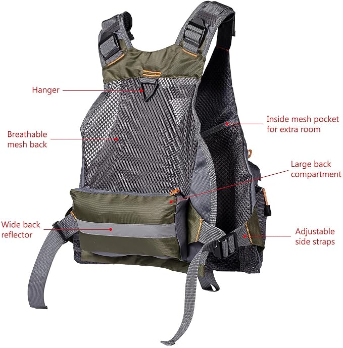 BASSDASH Strap Fishing Vest Adjustable for Men and Women, for Fly Bass Fishing and Outdoor Activities