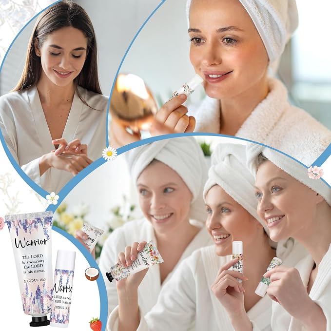 Loopeer 6 Sets Bulk Christian Hand Cream and Lip Balm Set for Women Religious Travel Size Moisturizing Lip Care Mini Religious Gifts for Women Coworker Appreciation Gift
