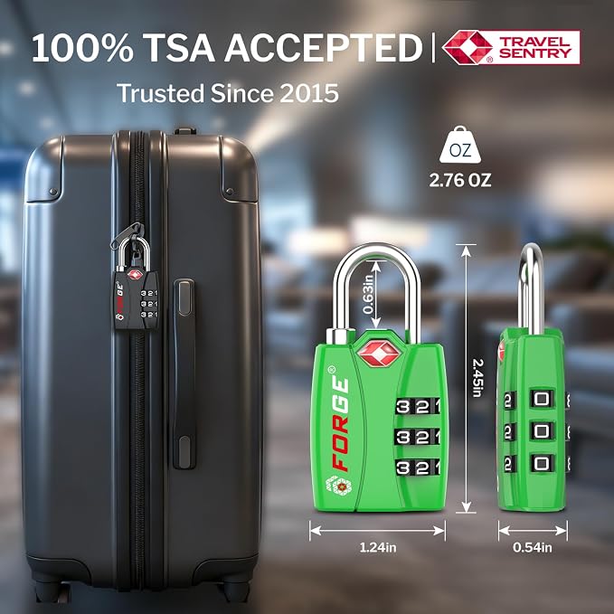 Forge Open Alert TSA Approved Luggage Locks - 3 Digit Combination, Easy Read Dials, Zinc Alloy Body - Ideal Travel Lock for Luggage, Suitcases, Bags & Toolboxes (Green 2 Locks)
