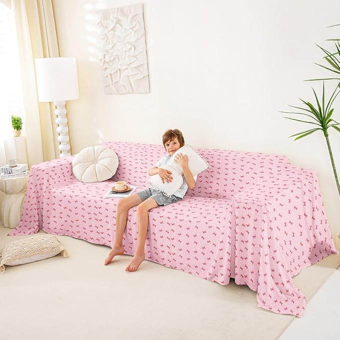 Girls Bow Couch Cushion Covers for Large Dogs Pink Buffalo Plaid Couch Covers Cute Ribbon Bowknot Sofa Cover,Kawaii Grid Lattice Bow Tie Cushion Sofa Furniture Protector for Pets,91" x 150"