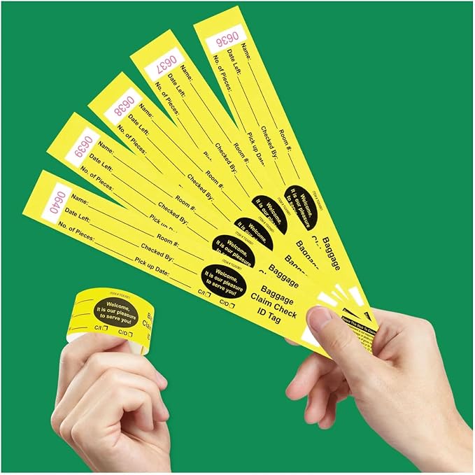 1000 Baggage Claim Check Tags Made from Yellow Card Stock, with Transfer Tape on Back, Printed in Black with Red Consecutive Numbering. Bag Identification Tag Size: 10 1/2" x 1 1/4"